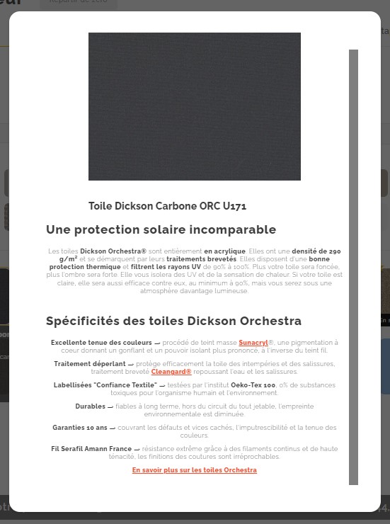 Info bulle configurateur - Spécificités techniques des toiles de stores Informations techniques des toiles Dickson