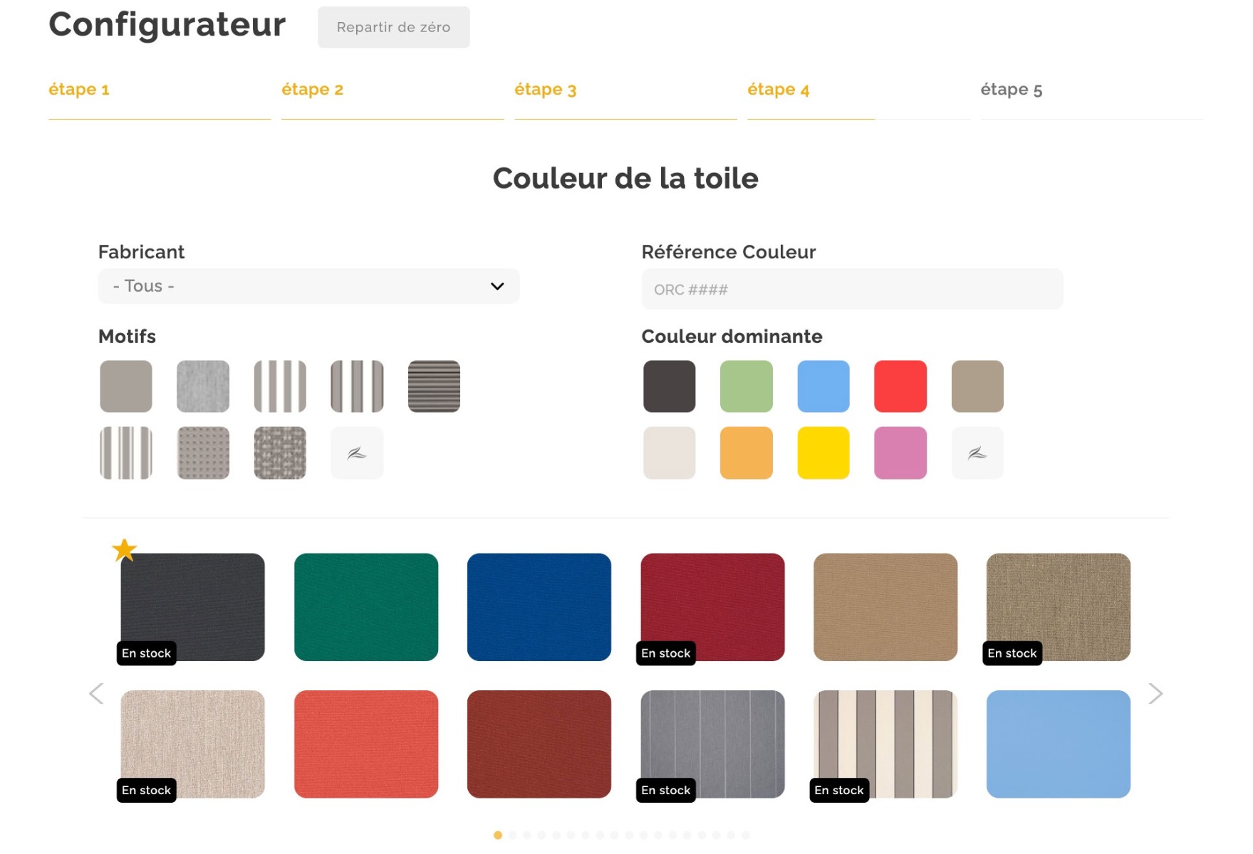 toiles stores banne, baches de stores, bannes de stores, toiles sur mesures, finition haute, finition basse, finition lambrequin, jonc de toile de store, dimensions jonc, Configurateur Coloris ici-store.com