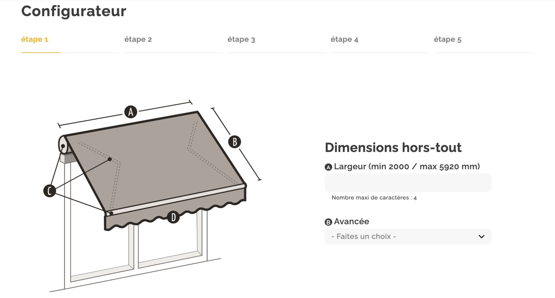 toiles stores banne, baches de stores, bannes de stores, toiles sur mesures, finition haute, finition basse, finition lambrequin, jonc de toile de store, dimensions jonc, Diagramme configurateur ici-store.com